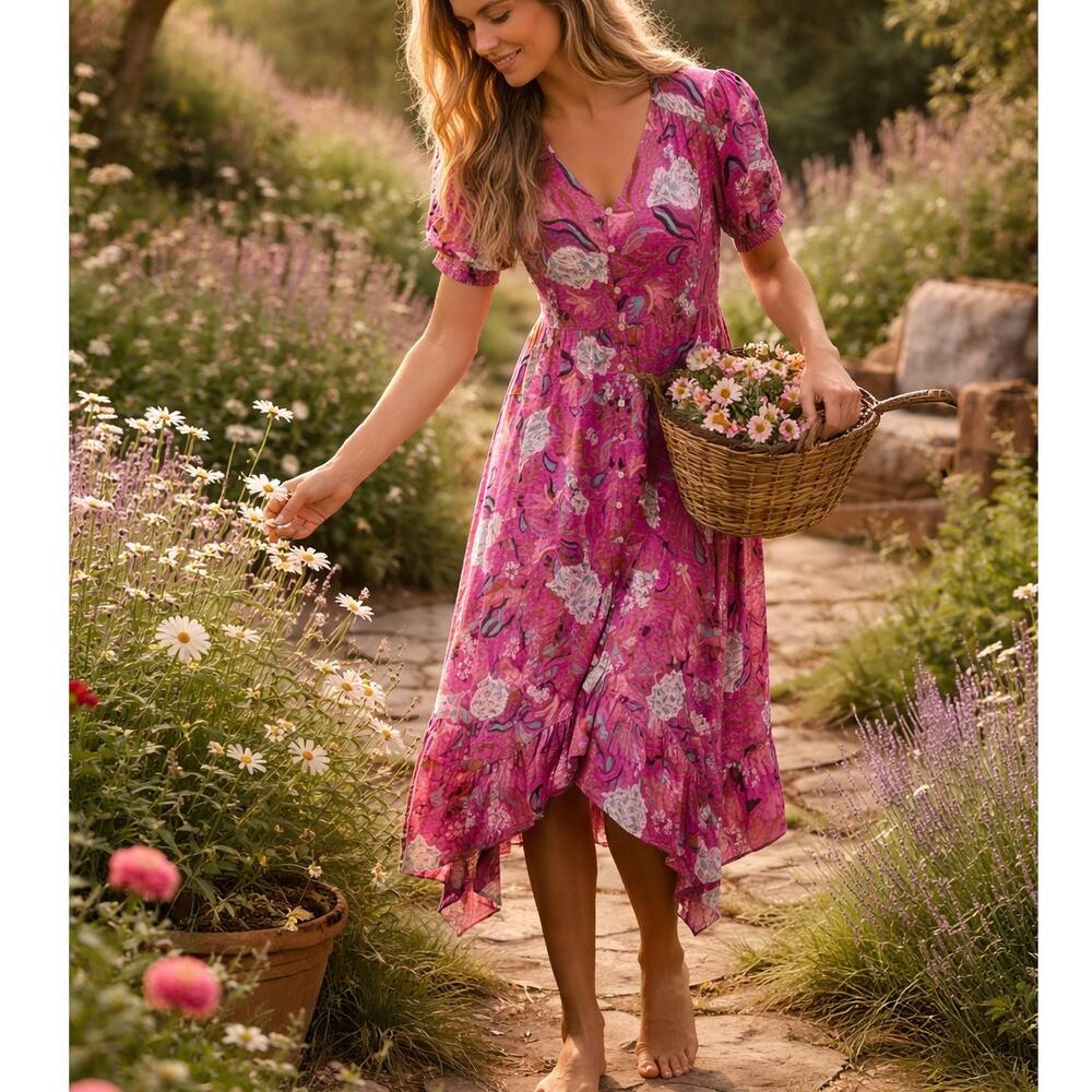 Nurture Short Sleeve Floral Midi Dress Magenta Pink Boho Prairie Modest sz S NWT